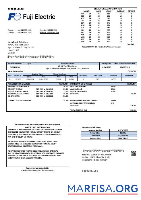 Printable Vietnam Fuji Electric Vietnam Co. business utility bill template in Word formats